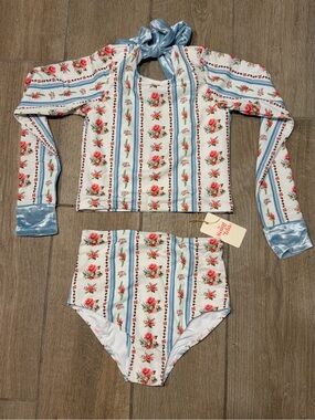 Floral Stripe Long-Sleeve Rash Guard Set - Blue & White